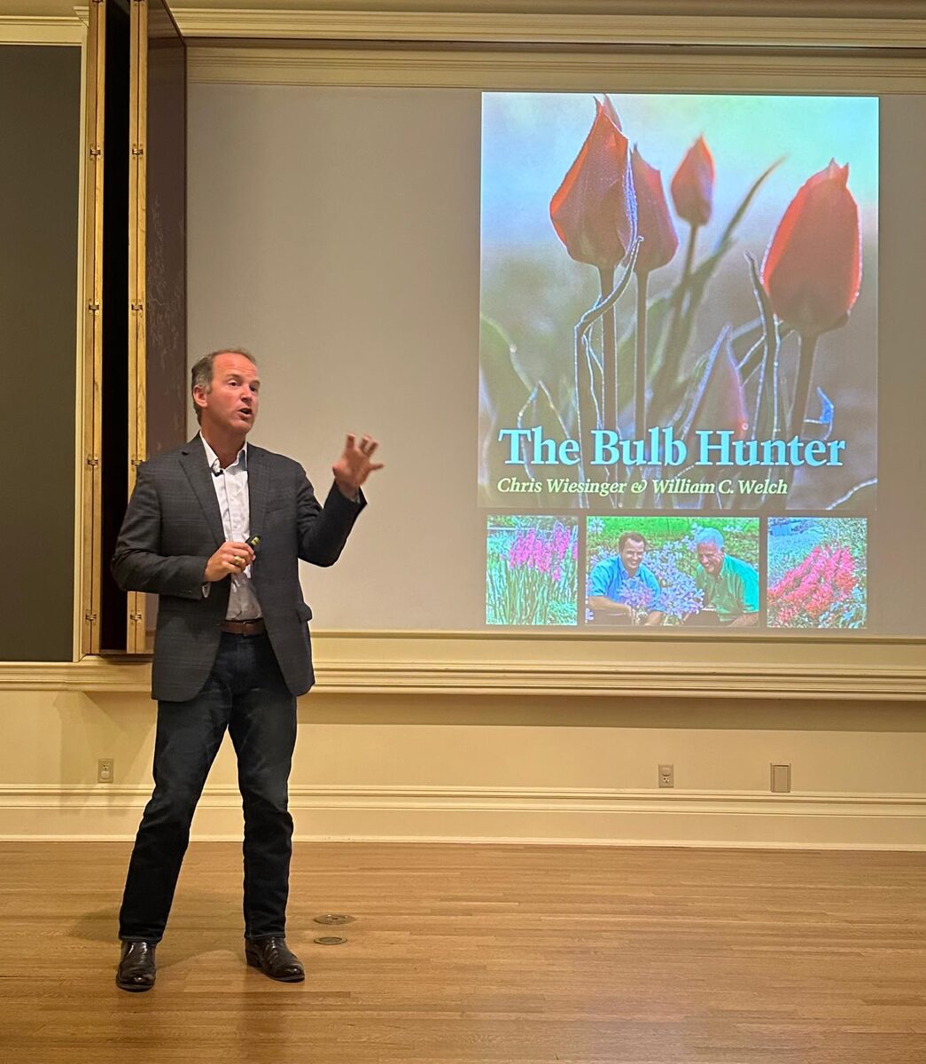 Chris Wiesinger presenting The Bulb Hunter at a garden club meeting
